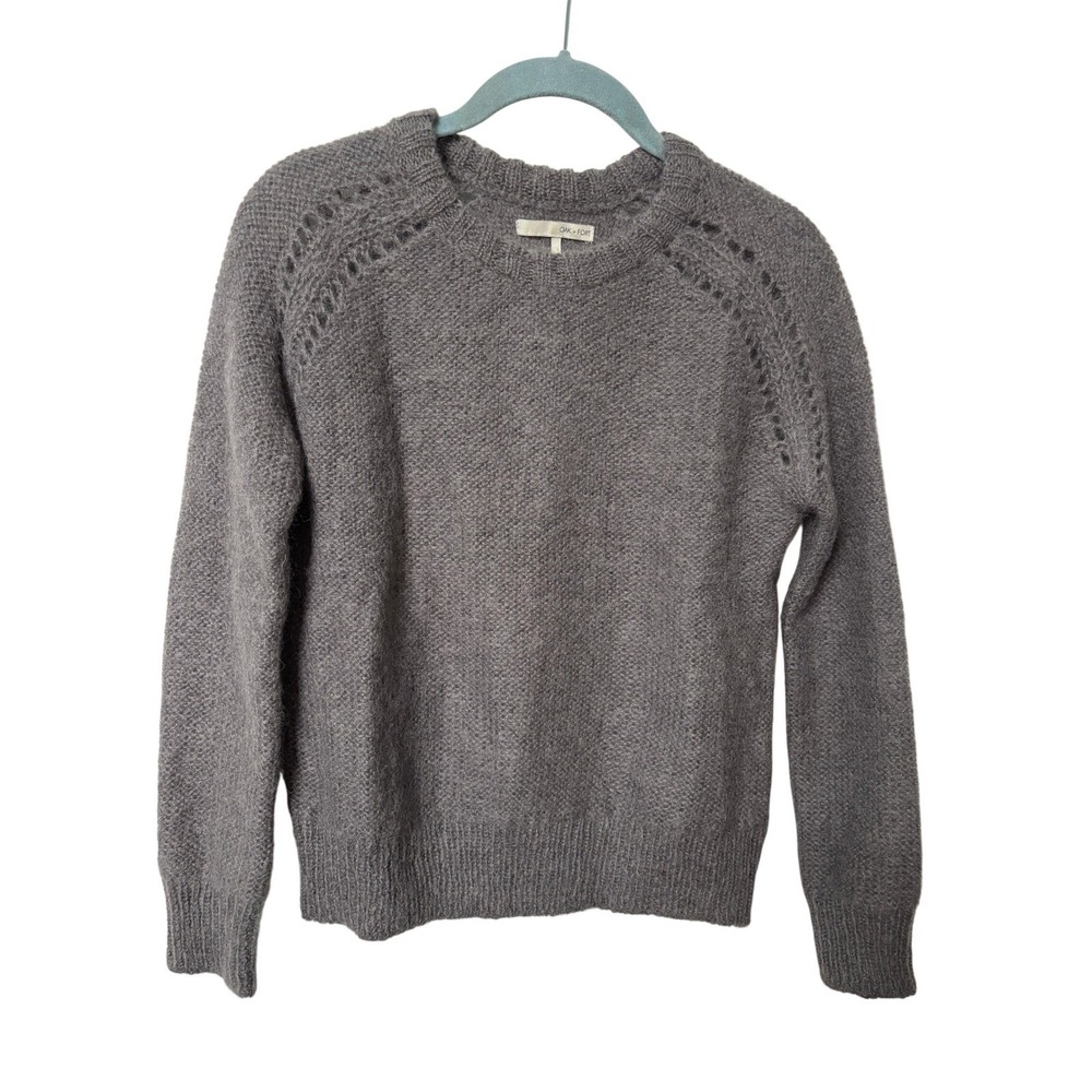 Oak + Fort Gray Kid Mohair Baby Alpaca Pointelle Raglan Sweater Womens XS